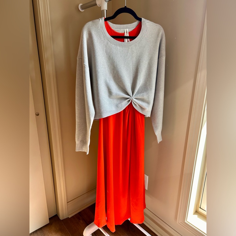 Anthropologie Orange Asymmetrical Midi Dress & Gray Twist Sweater Set L | NWT